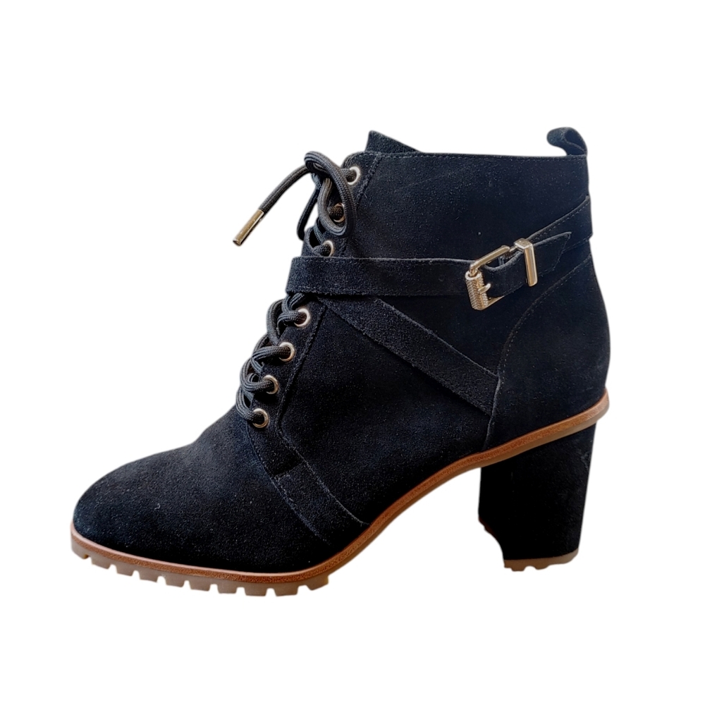 White House Black Market Black Suede Lace Up Ankle Heeled Boots Womens Size 9